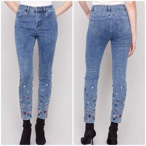 Charlie B Jeans Womens Slim Leg Embroidered Floral Blue Denim Pants Sz 14 $114